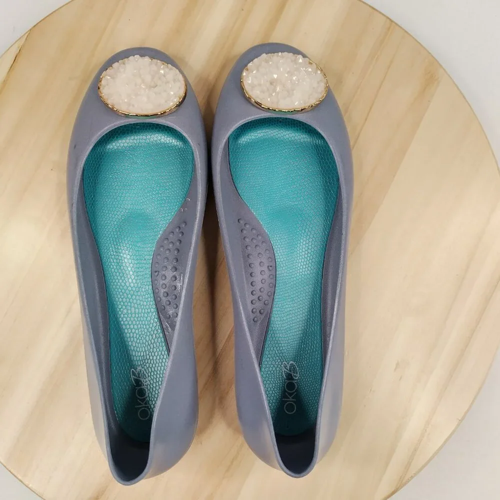 OKA B. Jelly Rubber Ballet Flats Heather Blue w/ Deco Geode Women US 8